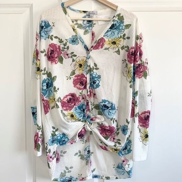 White Birch Floral Front Tie Waffle Print Top - Picture 3 of 5